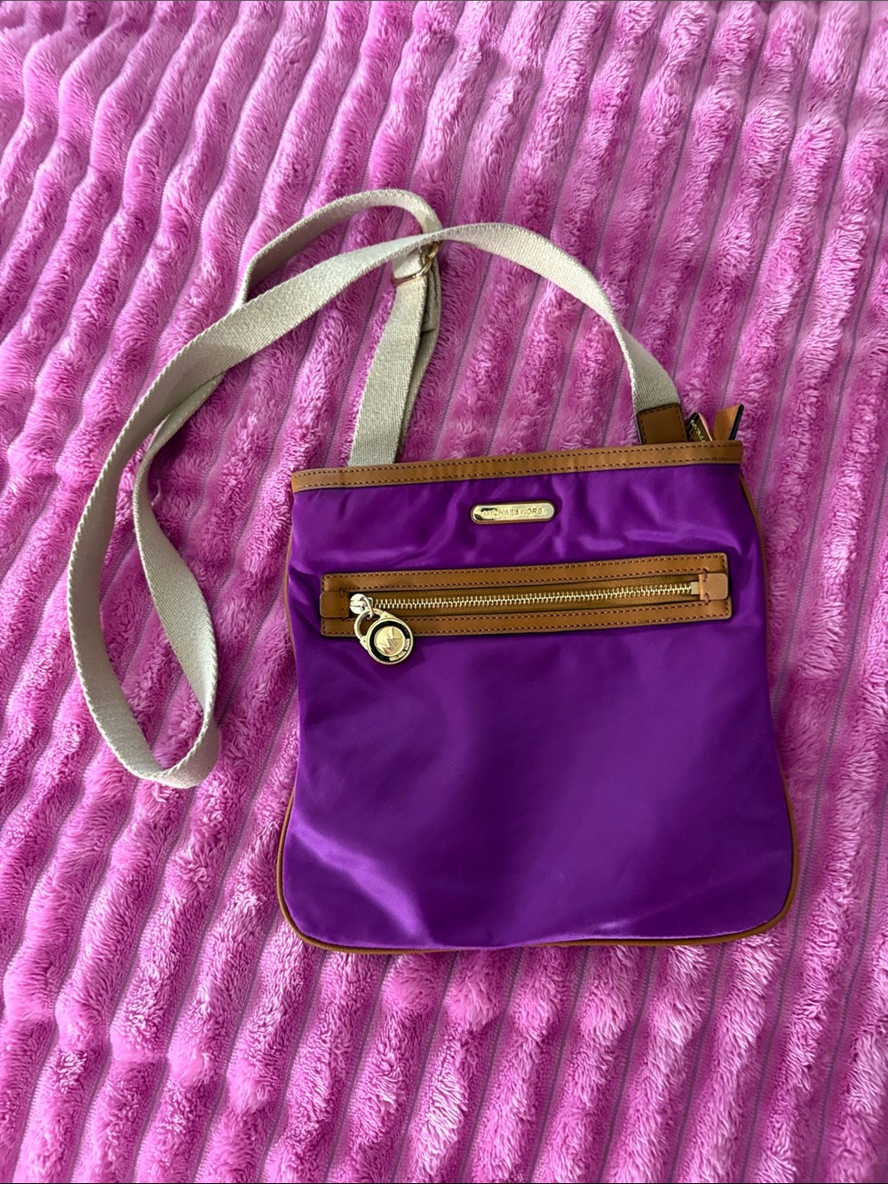 Purple Crossbody Shoulder Bag with Tan Trim